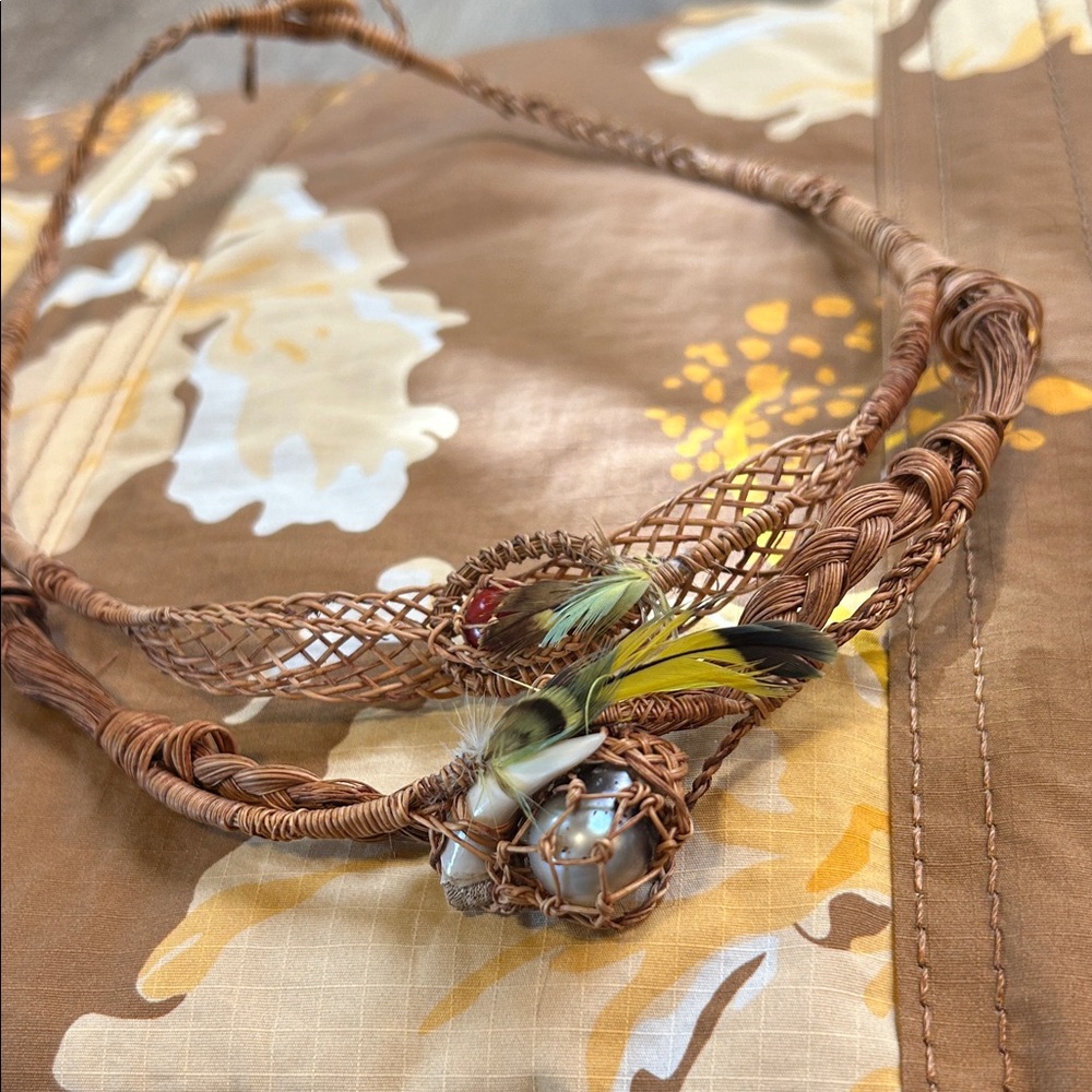 Tahitian Pearl Handcrafted Woven Necklace with Feather and tooth Accents - Picture 4 of 5